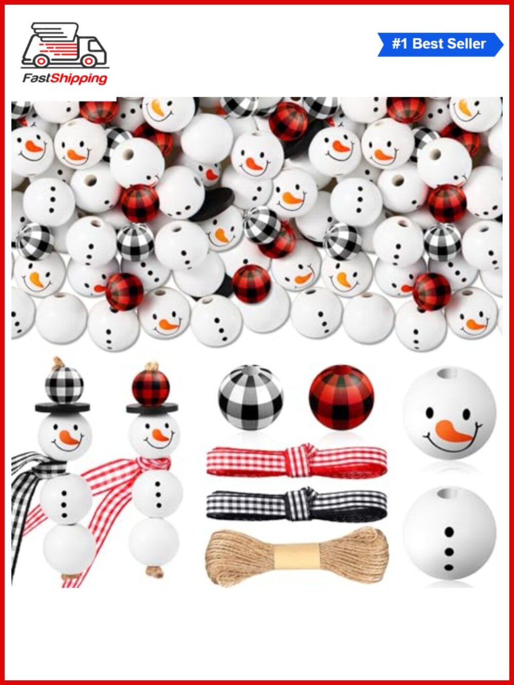 🎅 180pc Christmas Wooden Beads Snowman DIY Craft Kit with Ribbon